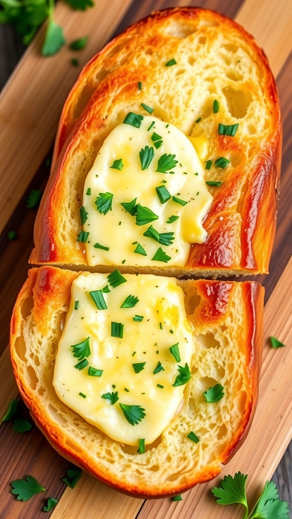 Quick No-Yeast Garlic Bread Recipe Golden-brown garlic bread topped with garlic butter and parsley on a wooden board.
